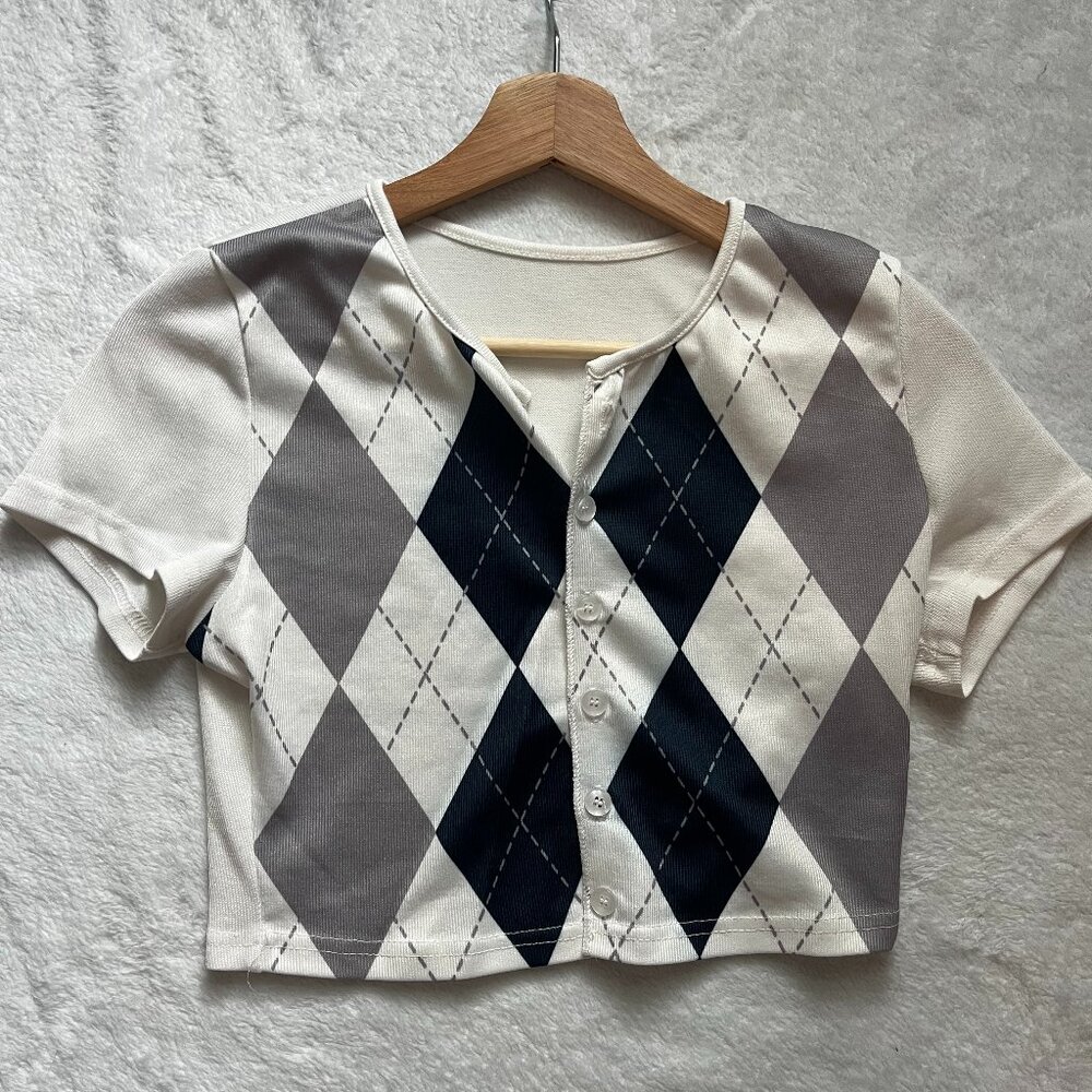 Preppy Sweater Vest Printed Button-Up Crop Top